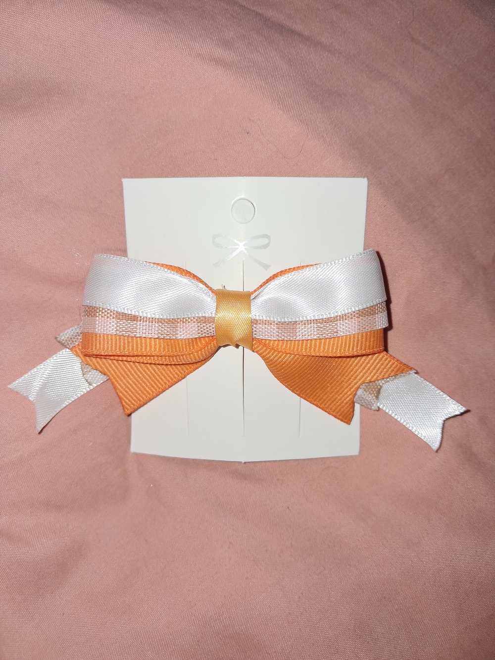 Fall Plaid Orange White Ribbon Hair Bow Barrette